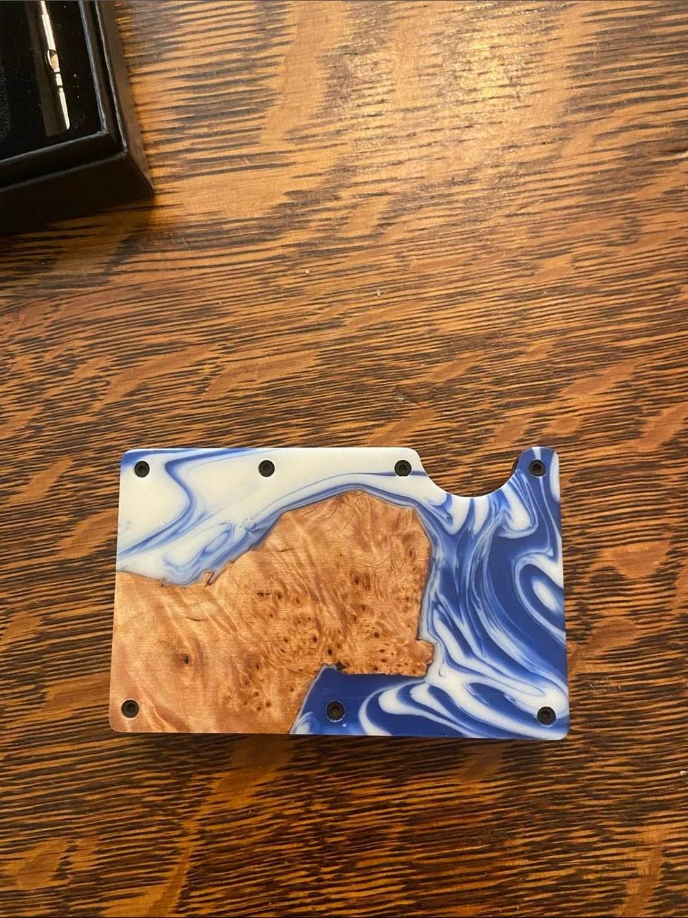 Minimalist Resin and Burl Wood Card Wallet - Blue & White